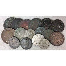 GREAT BRITAIN UK ENGLAND 1800's 1900's . FARTHING - ONE 1 PENNY . SILVER AND COPPER COINS 